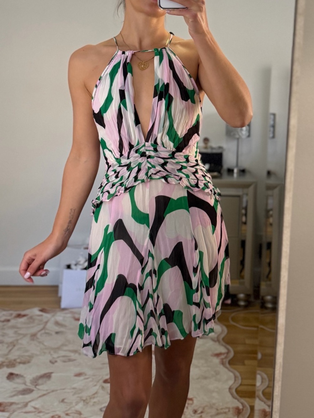 Reiss Pink & Green Halter Twist-Waist Mini Dress